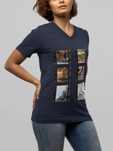 Woman wearing a navy blue t-shirt with film reel design on a gray background