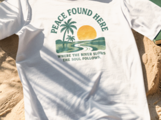 White t-shirt with a graphic design on a sandy surface