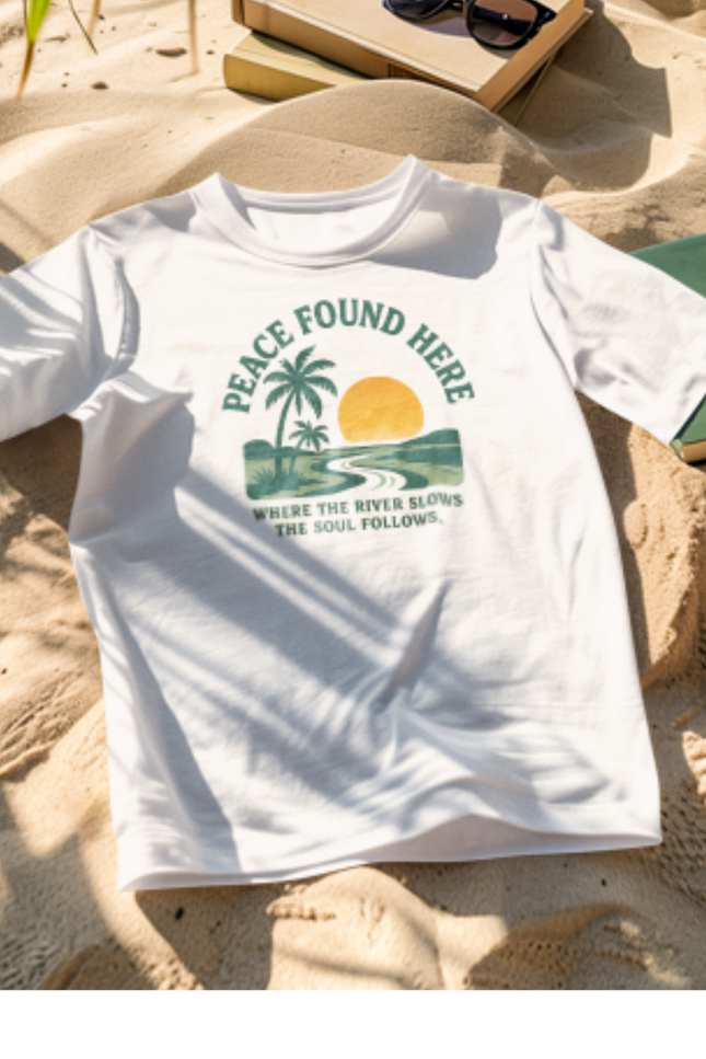 White t-shirt with a graphic design on a sandy surface