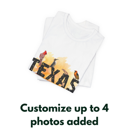 Folded white tee with a colorful 'Texas' design featuring animals on a white background