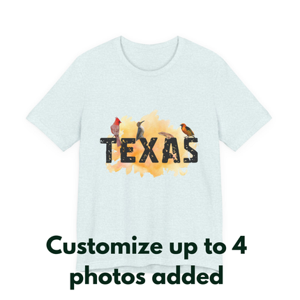 Light blue t-shirt with 'TEXAS' design featuring four animals on a white background