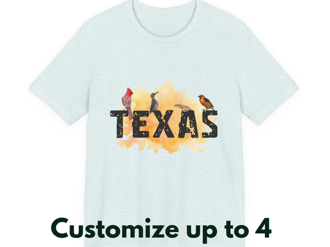 Light blue t-shirt with 'TEXAS' design featuring four animals on a white background