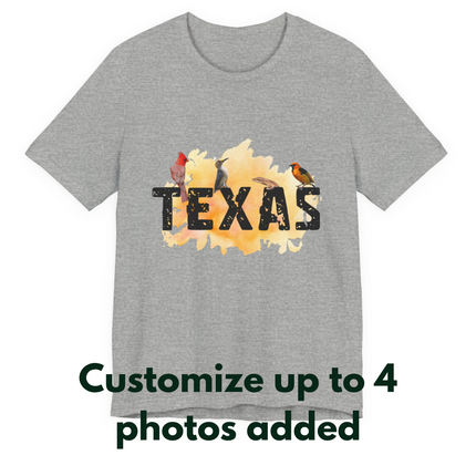 Gray t-shirt with 'TEXAS' design featuring birds on a white background