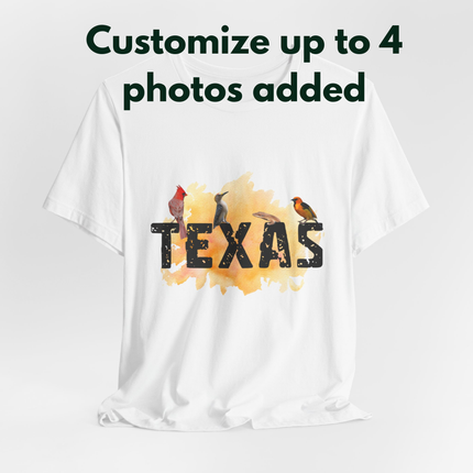 White t-shirt with 'TEXAS' design on a white background