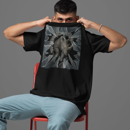 Person holding a black t-shirt with a graphic design in front of their face against a gray background