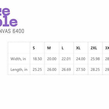 Size chart for Bella Canvas 6400 with dimensions in inches.