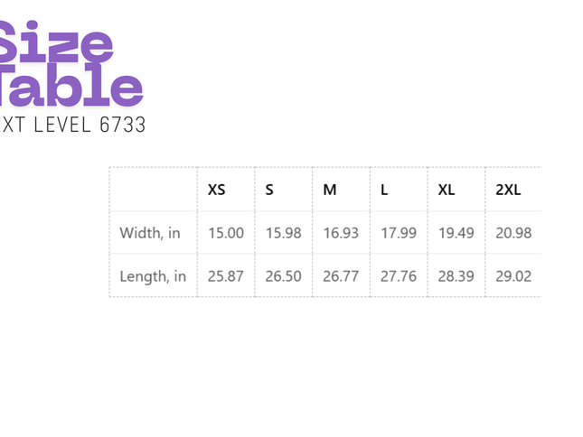 Size chart for NEXT LEVEL 6733 fabric with measurements in inches.