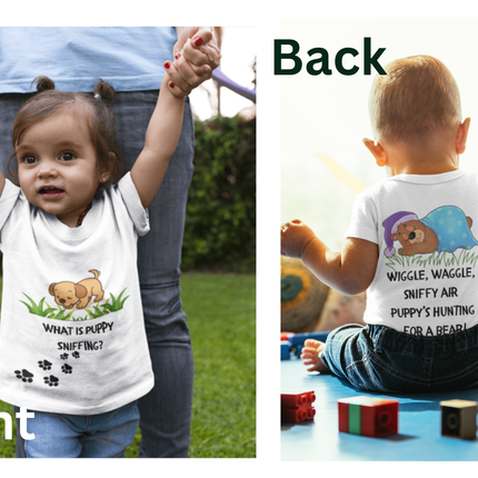 Children wearing t-shirts with text and graphics, one outdoors and one lying on a floor.