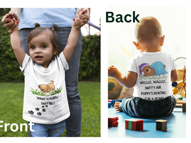 Children wearing t-shirts with text and graphics, one outdoors and one lying on a floor.